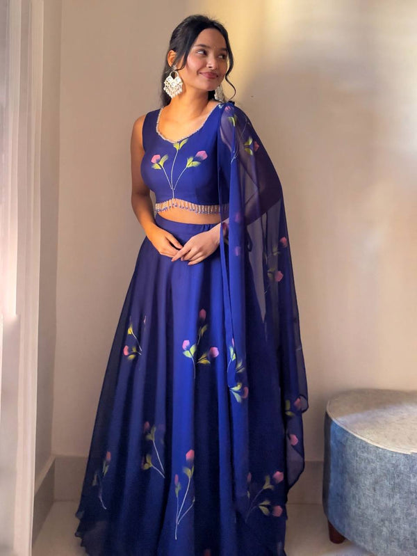 Designer Georgette Blue Color Hand Paints Lehenga Choli