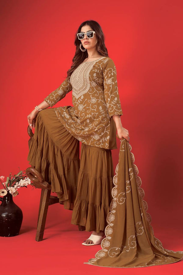 Designer Embroidery Work Brown Color Sharara Suit