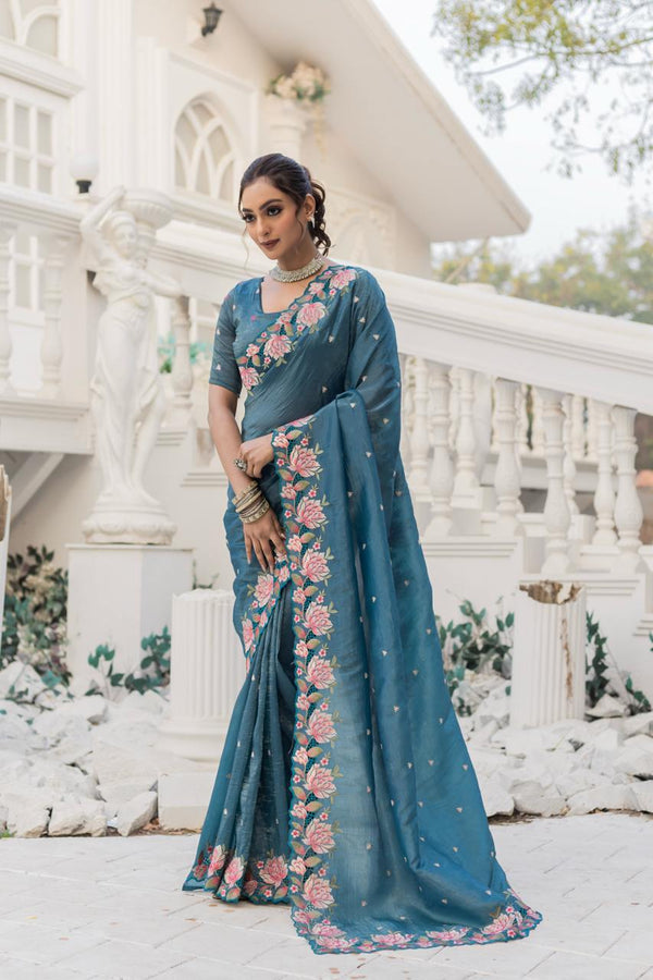 Imposing Crush Silk Teal Blue Color Saree