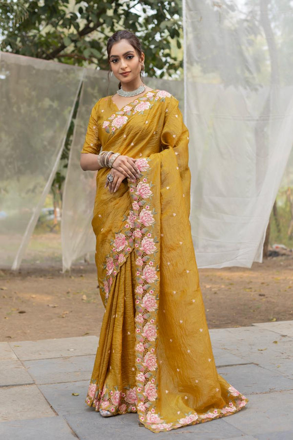 Imposing Crush Silk Mustard Color Saree