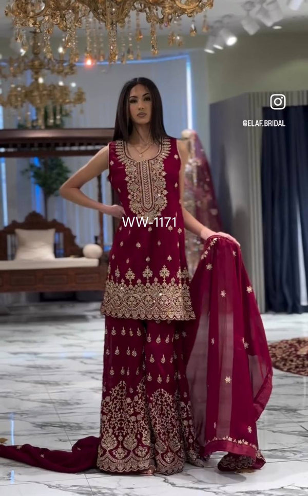 Demanding Georgette Red Color Sharara Suit