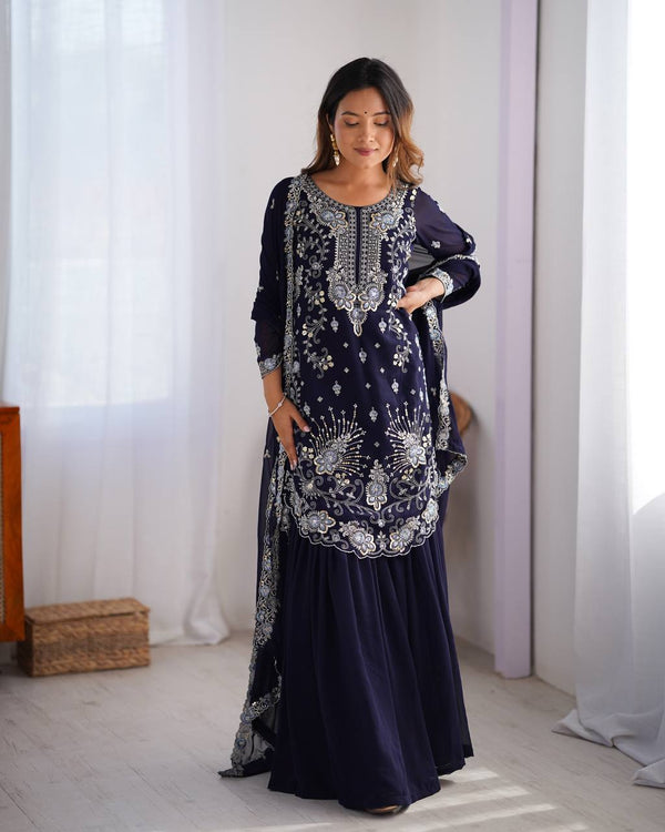 Eyes Catching Georgette Navy Blue Color Sharara Suit