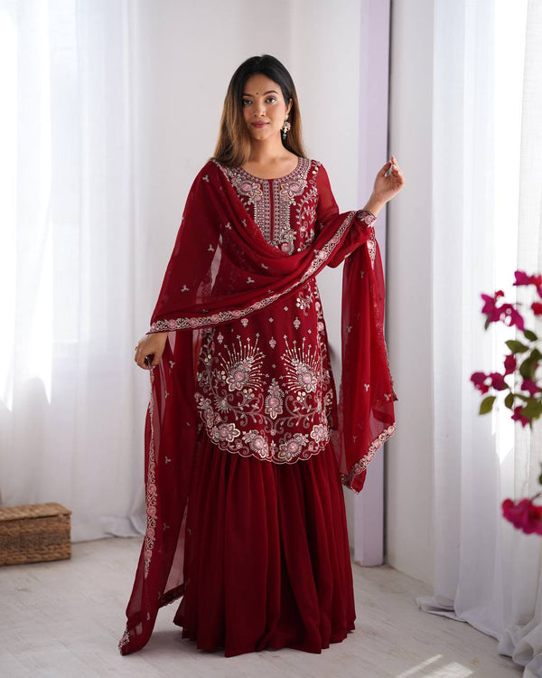 Eyes Catching Georgette Red Color Sharara Suit