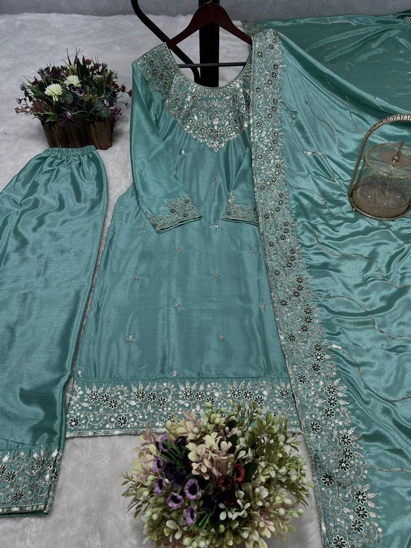 Fabulous Chinon Silk Sky Blue Color Salwar Suit
