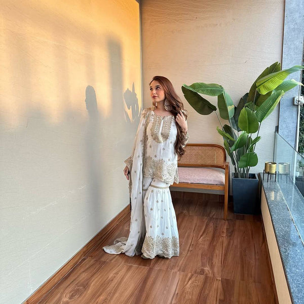 Glossy Chinnon Silk White Color Sharara Suit