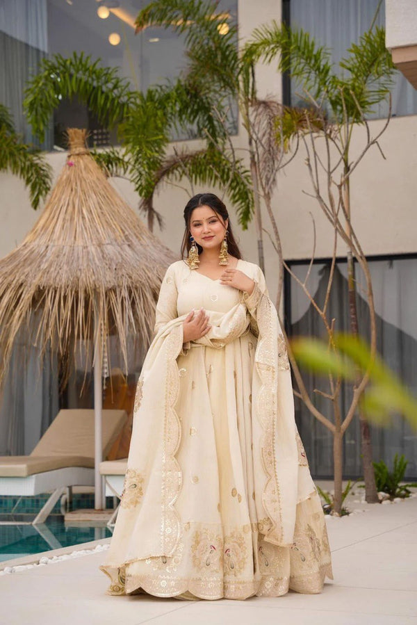 Outstanding Chinon Silk Cream Color Gown