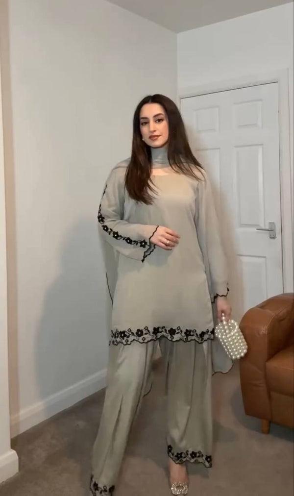 Glimmering Embroidery Work Off White Color Palazzo Suit