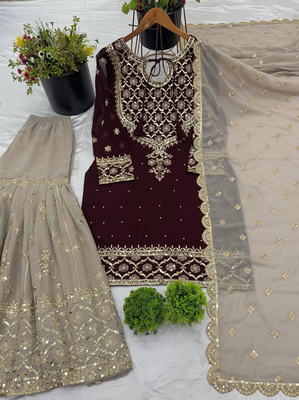 Presenting Embroidery Sequence Work Maroon Color Sharara Suit