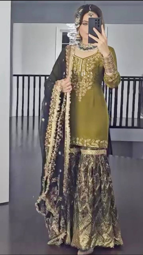 Captivating Chinon Silk Perrot Color Sharara Suit