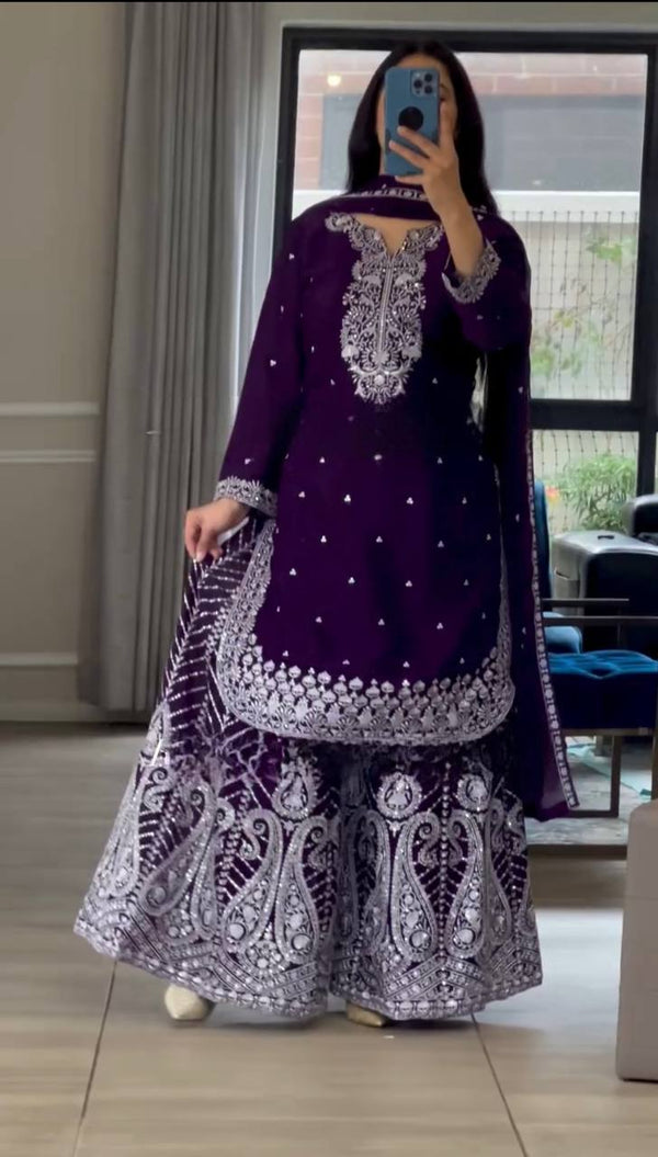 Designer Embroidery Work Purple Color Sharara Suit