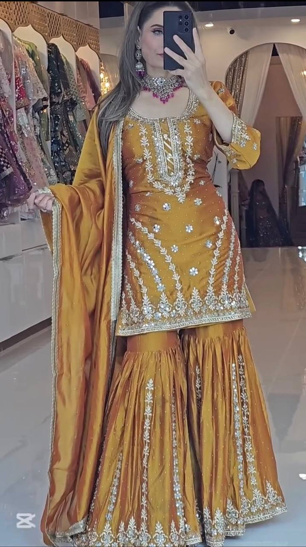 Glorious Chinnon Silk Mustard Color Sharara Suit