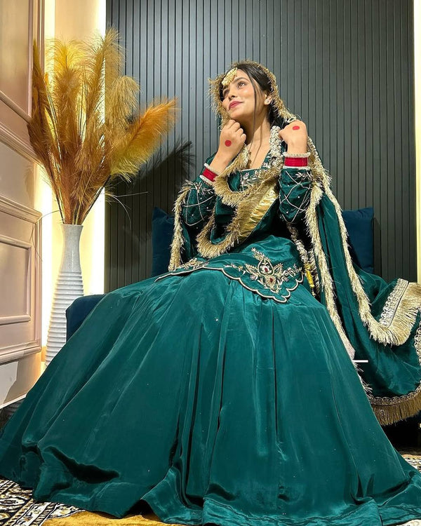 Function Wear Bids Hand Work Teal Green Color Top With Lehenga