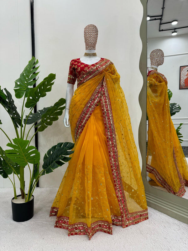 Designer Organza Silk Yellow Color Saree