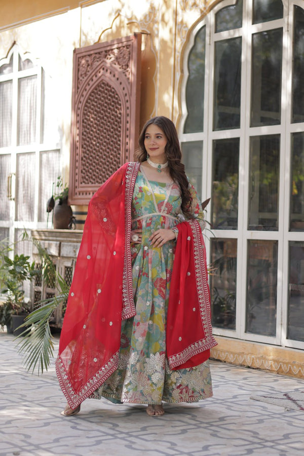 Wonderful Digital Printed Sky Blue Multicolor Gown