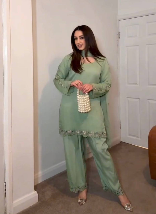 Glimmering Embroidery Work Rama Color Palazzo Suit