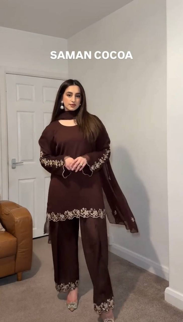Glimmering Embroidery Work Brown Color Palazzo Suit