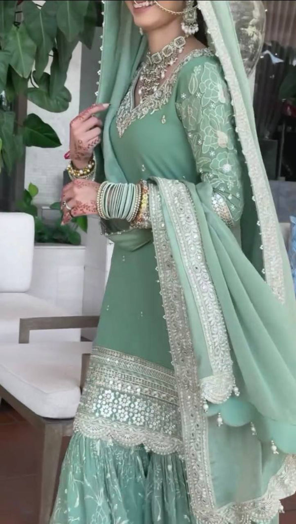 Good Looking Embroidery Work Rama Color Sharara Suit