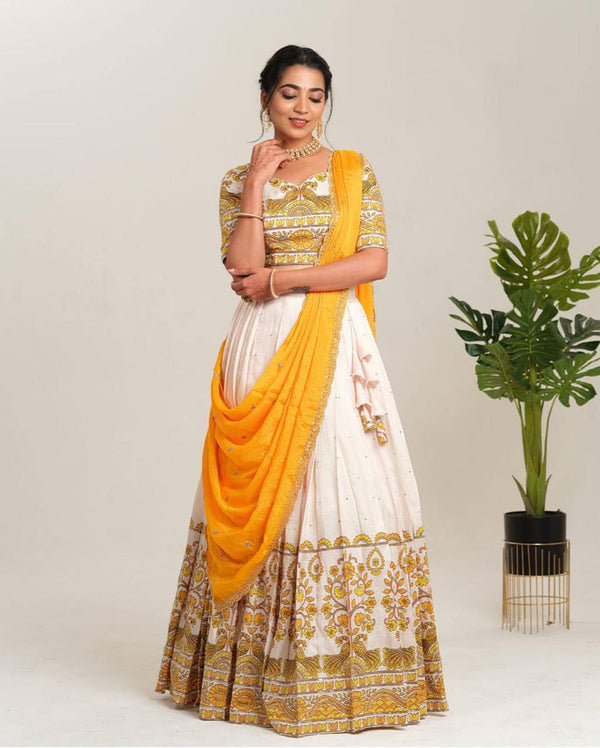 Traditional Wear Kalamkari Print Yellow Color Lehenga Choli