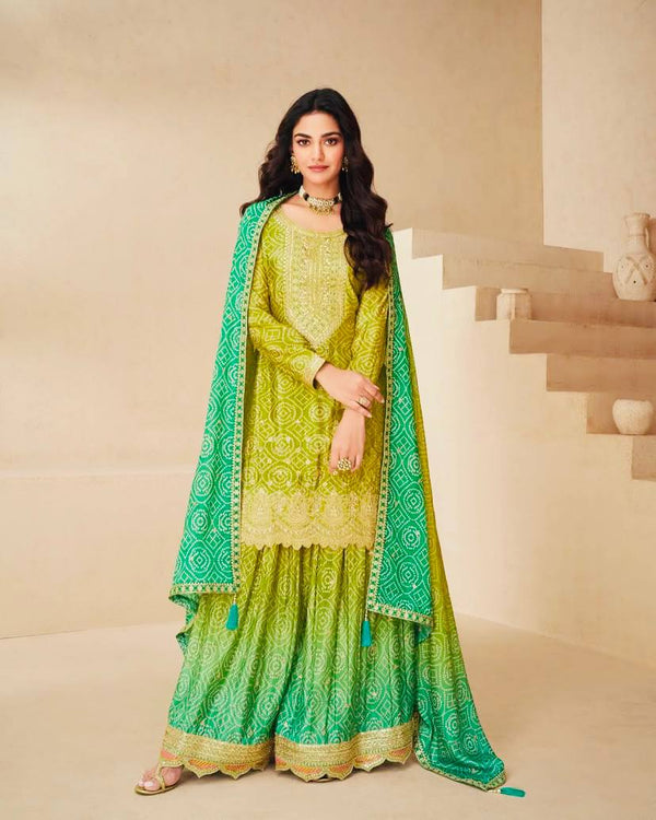 Glorious Chinon Silk Green Color Sharara Suit