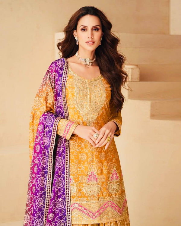 Glorious Chinon Silk Mustard Color Sharara Suit