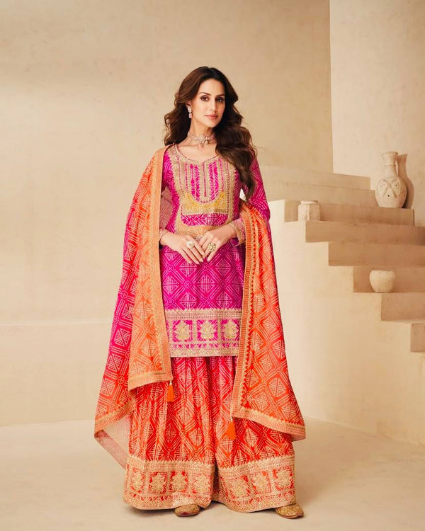 Glorious Chinon Silk Pink Color Sharara Suit