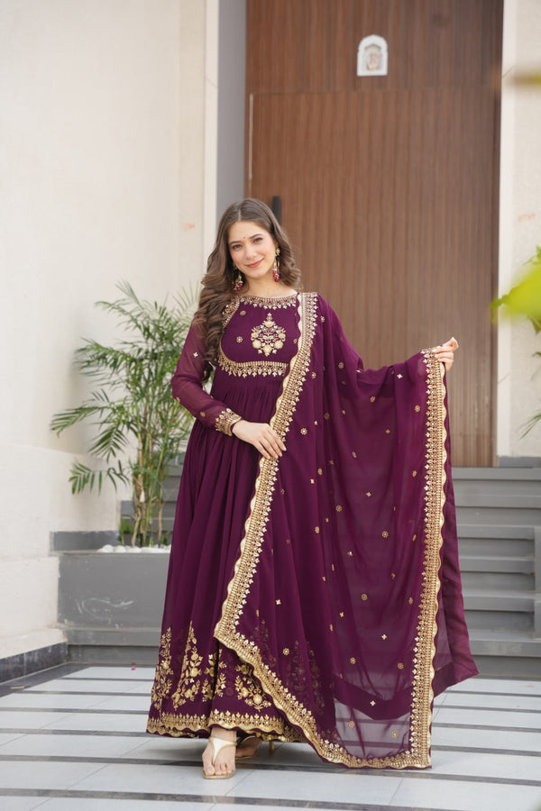 Beautiful Wine Color Heavy Gown With Dupatta