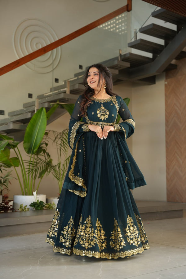 Beautiful Rama Color Heavy Gown With Dupatta