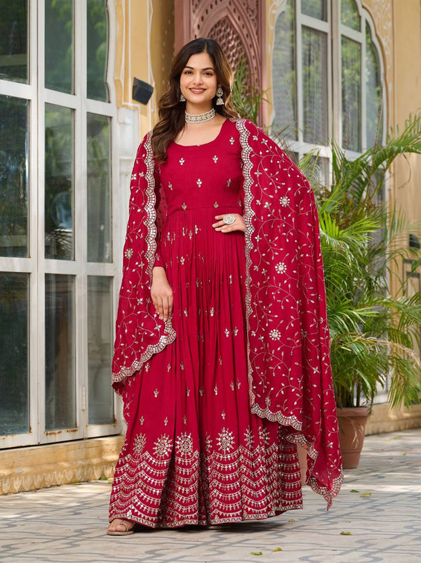 Good Looking Vichitra Silk Red Color Gown