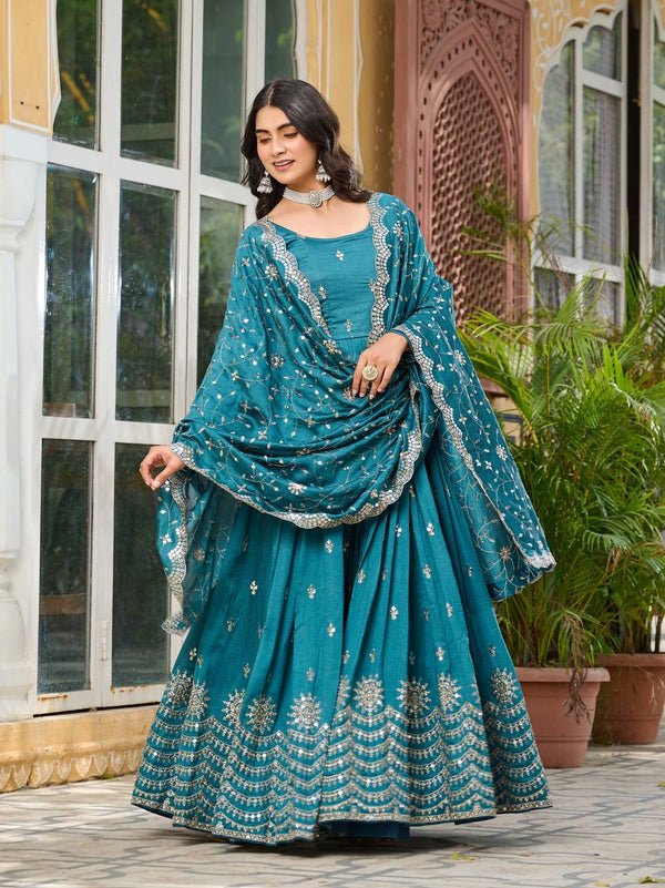 Good Looking Vichitra Silk Rama Color Gown