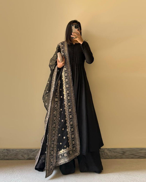 Demanding Chinon Silk Black Color Gown