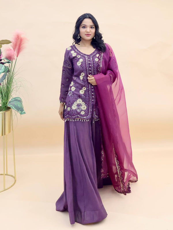 Flattering Simar Silk Purple Color Palazzo Suit