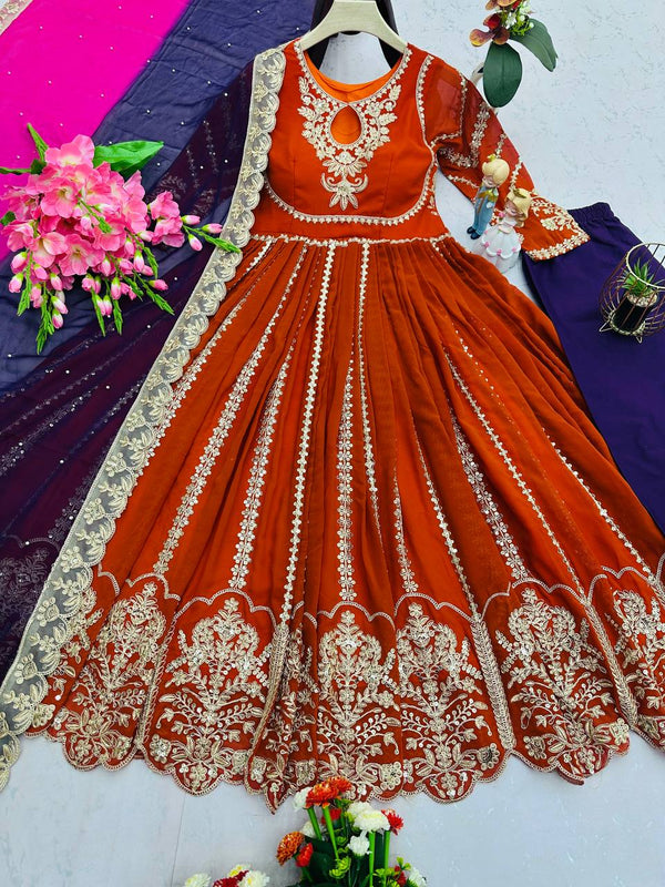 Delightful Embroidery Work Orange Color Gown