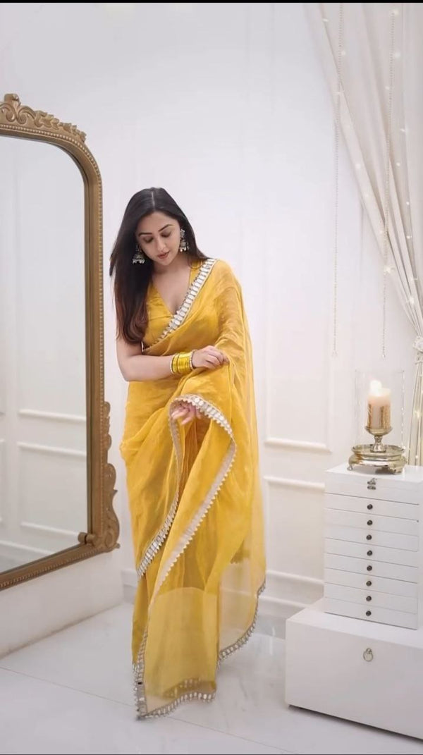 Function Wear Gold Crush With Work Yellow Color Saree