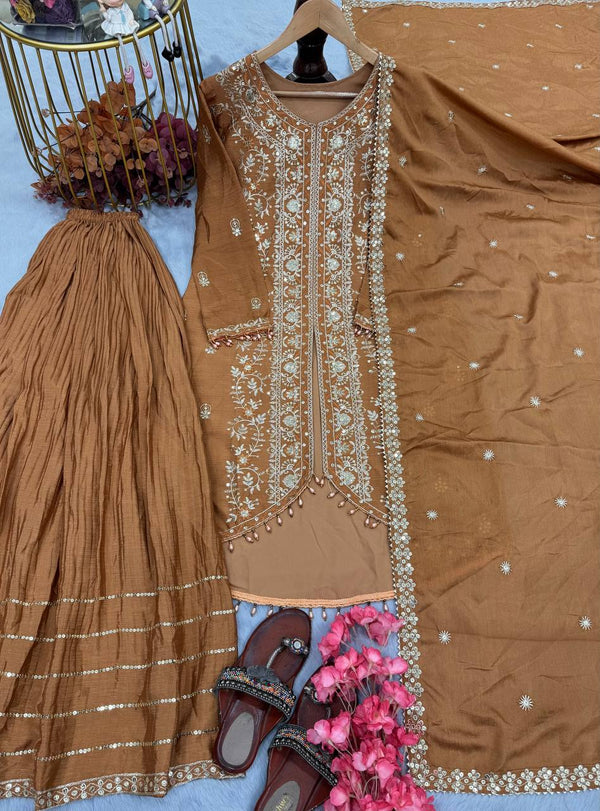 Demanding Brown Color Chinon Silk Sharara Suit