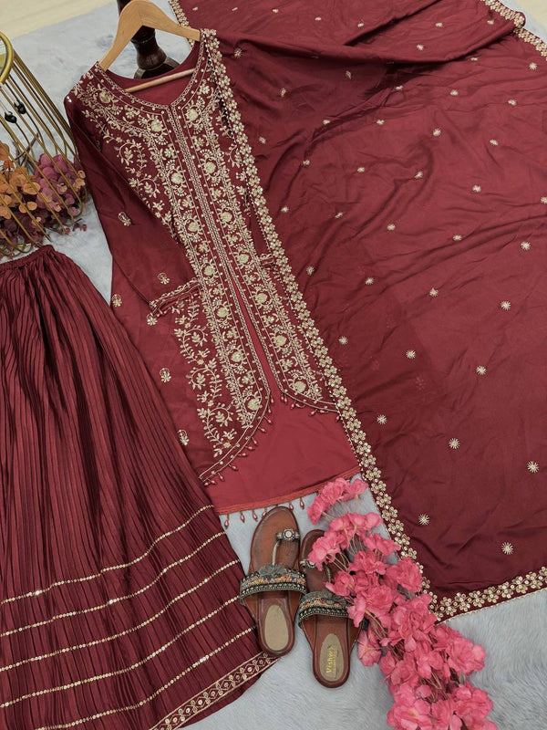 Demanding Maroon Color Chinon Silk Sharara Suit
