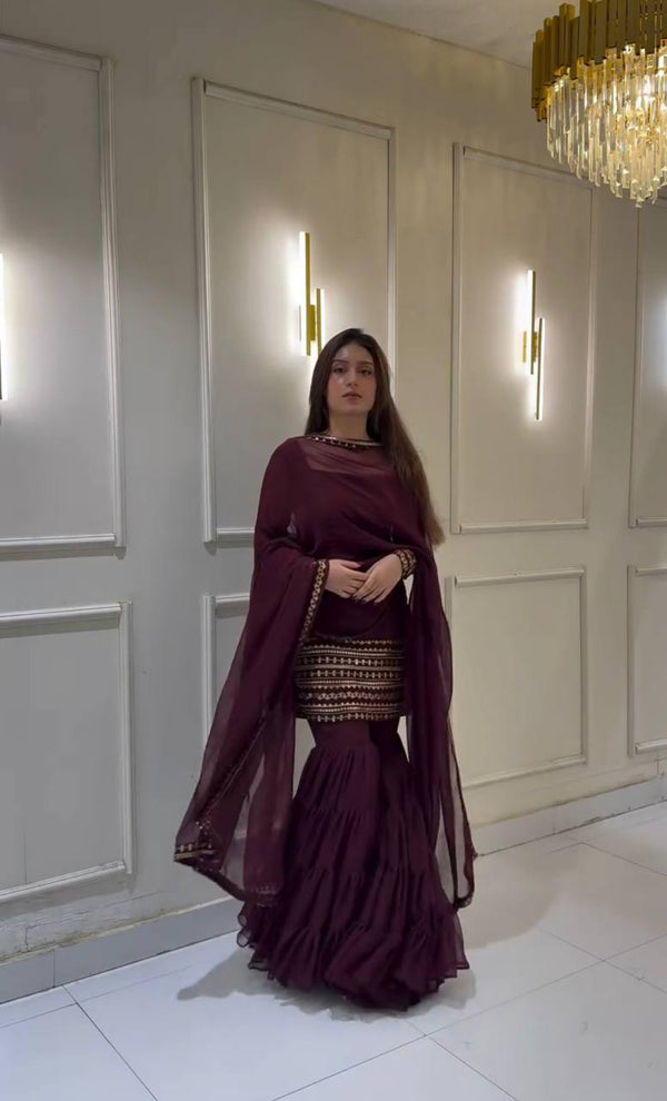 Demanding Embroidery Work Wine Color Sharara Suit