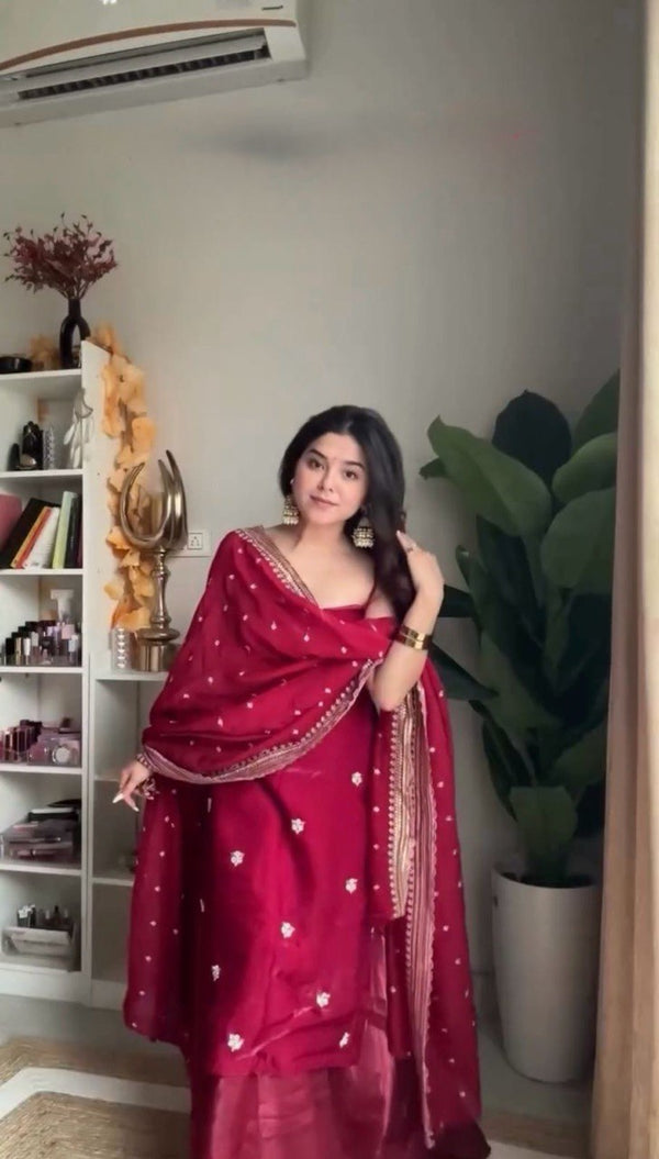 Gorgeous Sequence Work Red Color Palazzo Suit