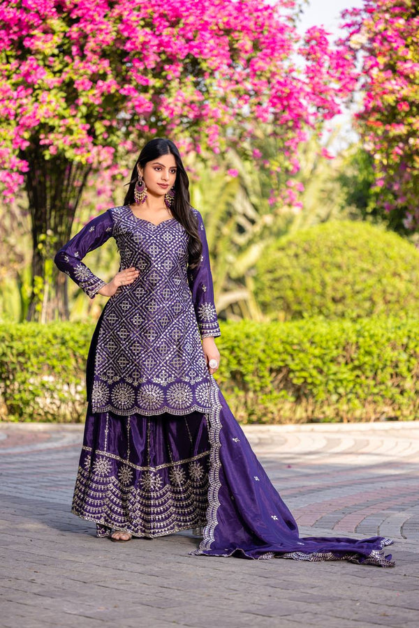 Imposing Sequence Work Purple Color Palazzo Suit