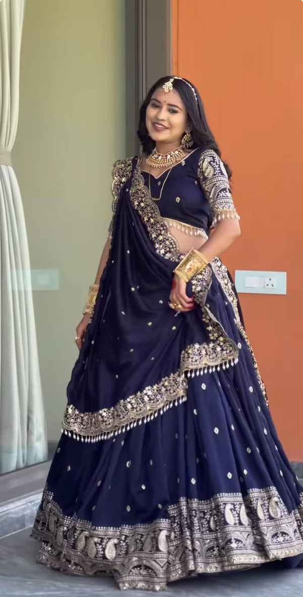 Marriage Special Embroidery Work Navy Blue Color Lehenga Choli