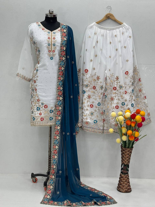Awesome White Color Work Sharara Suit With Blue Dupatta