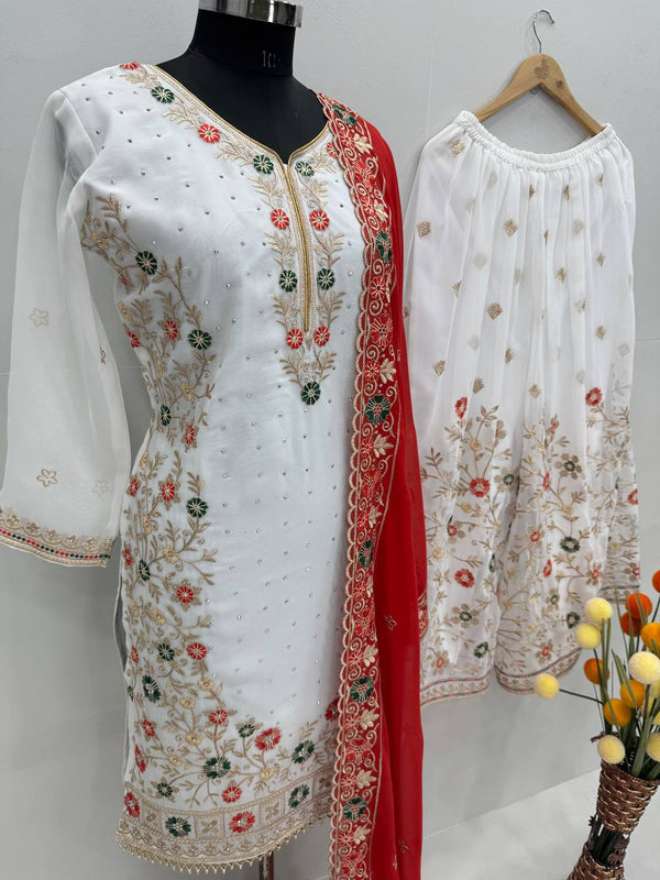 Awesome White Color Work Sharara Suit With Red Dupatta