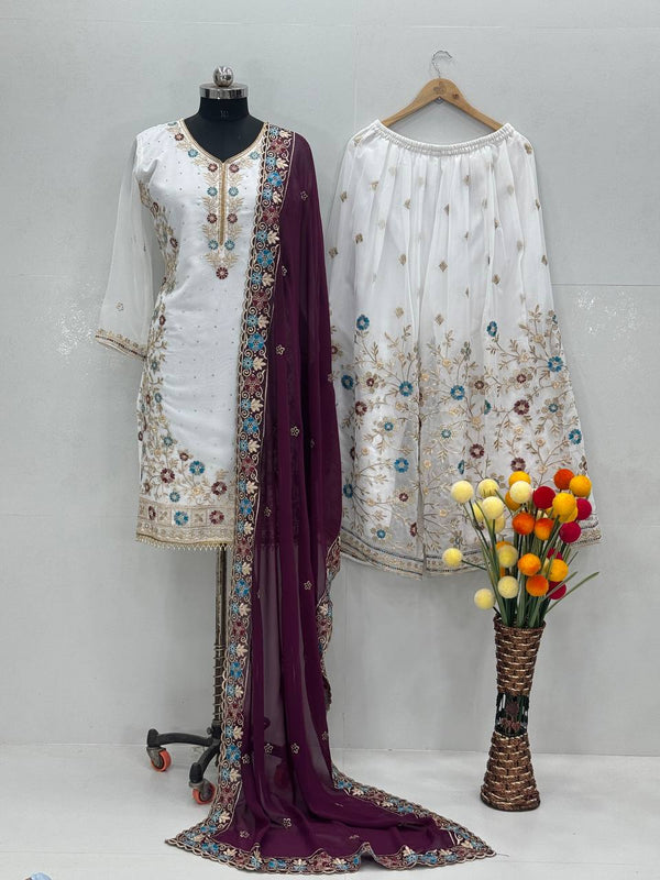 Awesome White Color Work Sharara Suit With Wine Dupatta