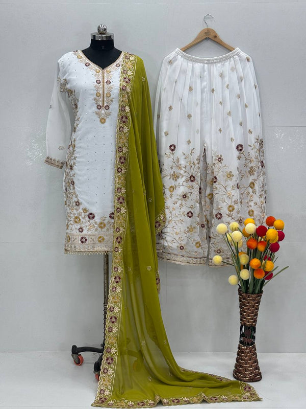 Awesome White Color Work Sharara Suit With Green Dupatta