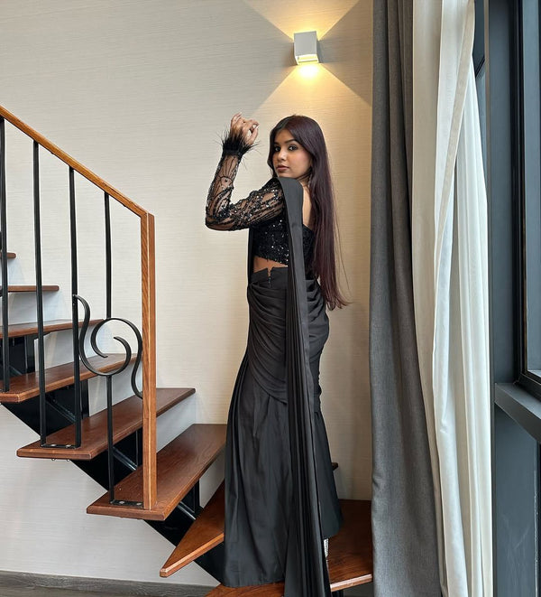 Wedding & Party Wear Black Color Lehenga Saree