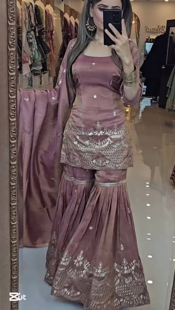 Outstanding Simmer Silk Peach Color Sharara Suit