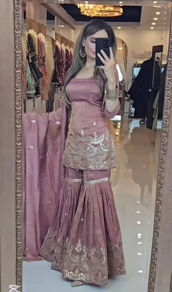 Festive Wear Embroidery Work Pink Color Sharara Suit
