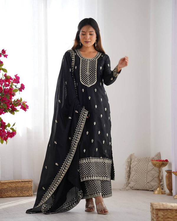 Preferable Chinon Silk Black Color Salwar Suit