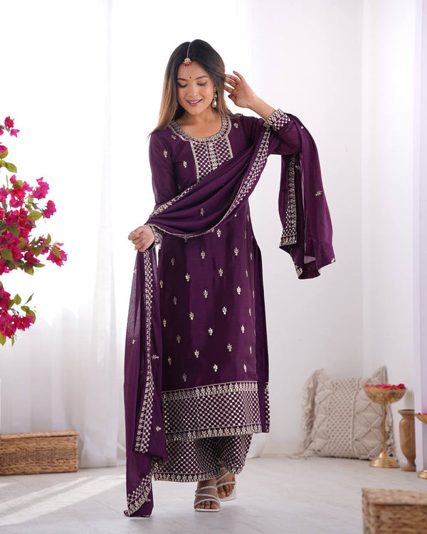 Preferable Chinon Silk Wine Color Salwar Suit