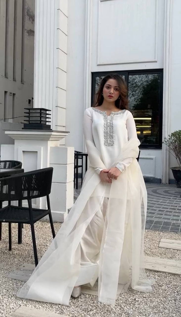 Stylish White Color Embroidery With Hand Work Patiala Suit