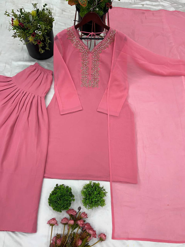 Stylish Pink Color Embroidery With Hand Work Patiala Suit